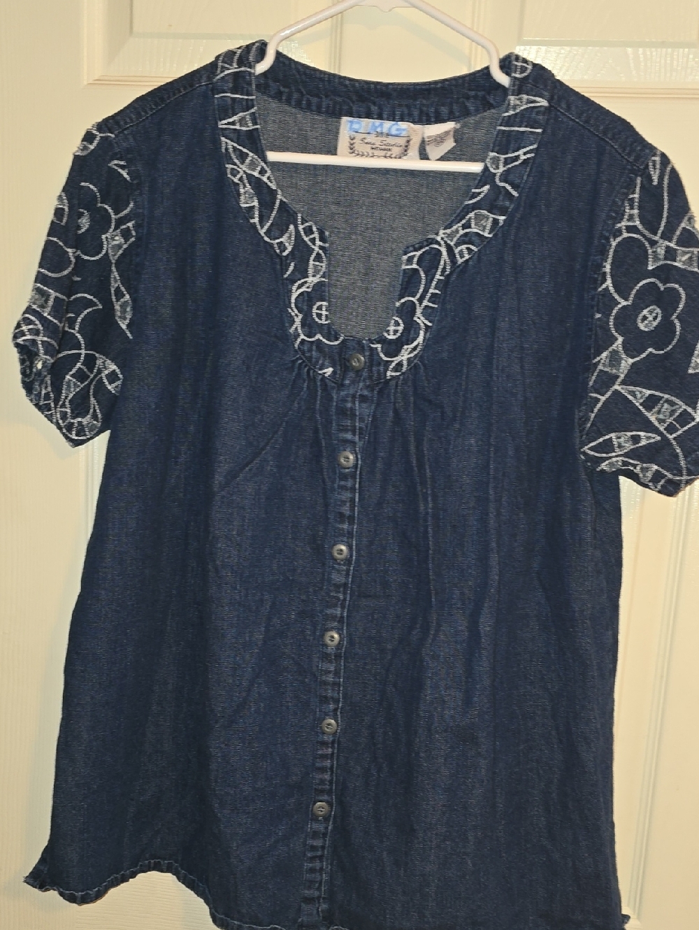 Denim Button-Front Top‎ with White Floral Embroidery